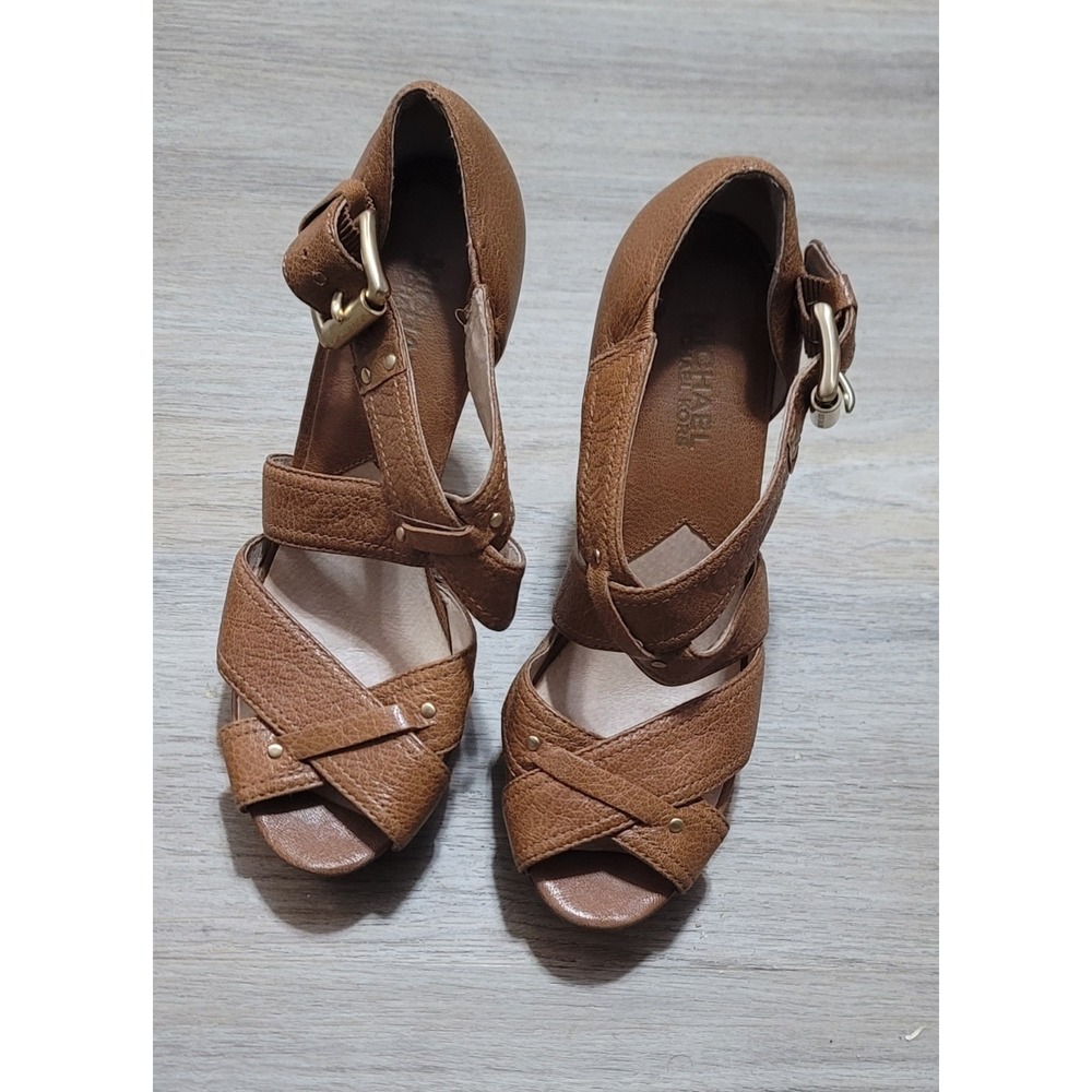 Michael Michael Kors Luggage Leather Penelope x Strap Sandals Size 7.5 M‎